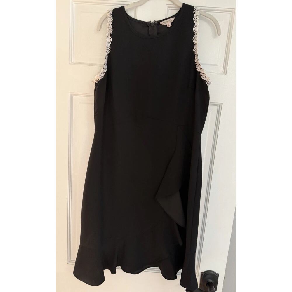 Nanette Lepore 12 Dress Sleeveless Lace Trim Cascading Front Ruffle Flared Hem
